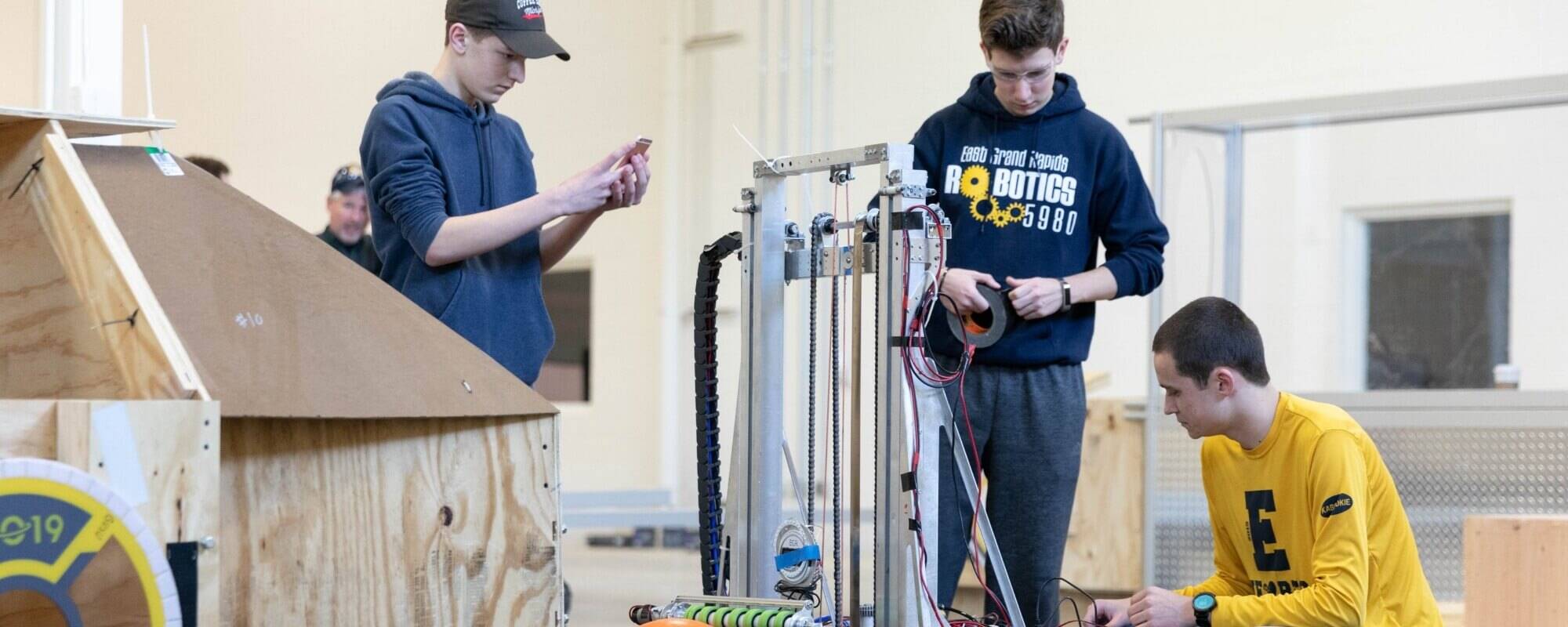 Robotics students working